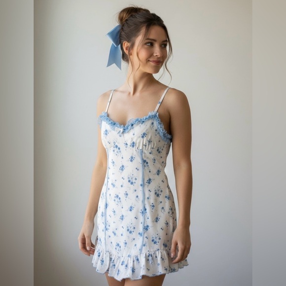 NEW Floral Mini Dress Cottagecore Blue Roses White Ruffle Trim Large - Picture 2 of 11